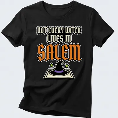 Bold Halloween quote t-shirt featuring a witch hat and stars in vibrant colors. — printed on a women's shirt