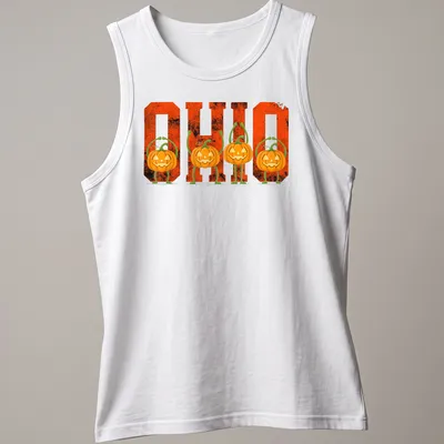 Vintage Halloween tee with pumpkins and 'O H I O' text in orange and black — printed on a tank top