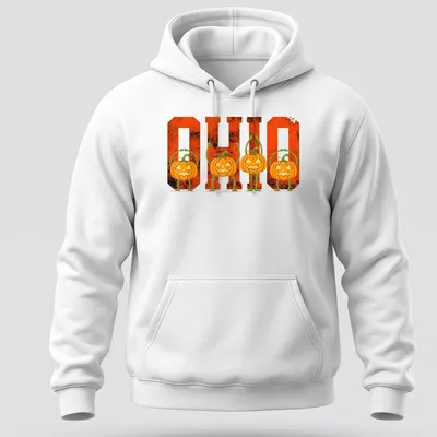 Vintage Halloween tee with pumpkins and 'O H I O' text in orange and black — printed on a unisex hoodie