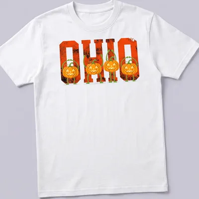 Vintage Halloween tee with pumpkins and 'O H I O' text in orange and black