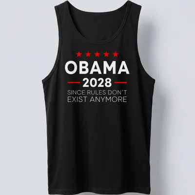 Bold typographic shirt with red stars and humorous political text — printed on a tank top