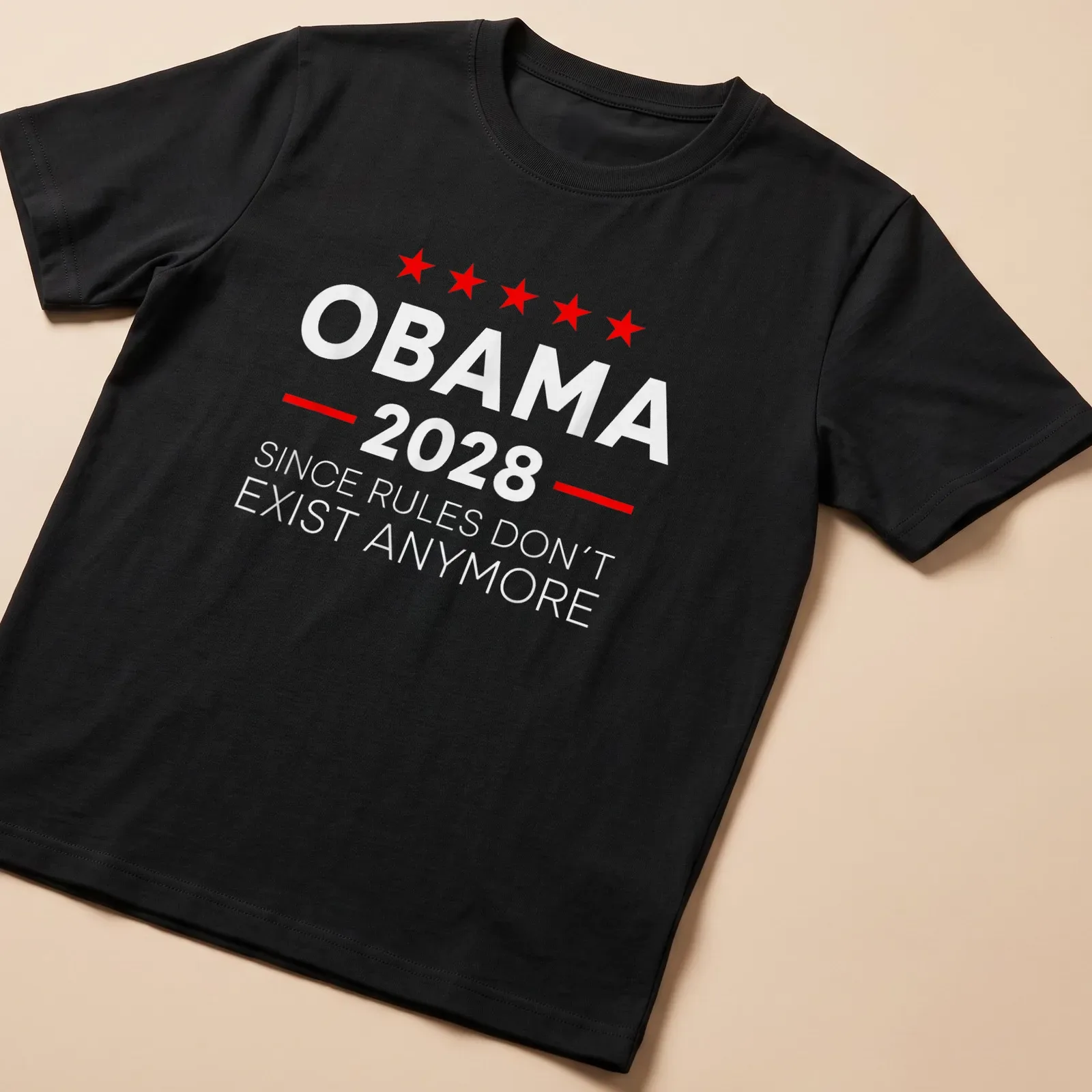 Bold typographic shirt with red stars and humorous political text — printed on a unisex t-shirt
