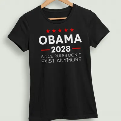 Bold typographic shirt with red stars and humorous political text — printed on a women's shirt
