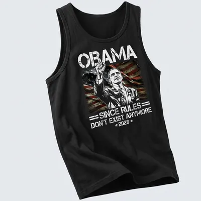 Vintage distressed shirt with humorous political text and a person raising a hand — printed on a tank top