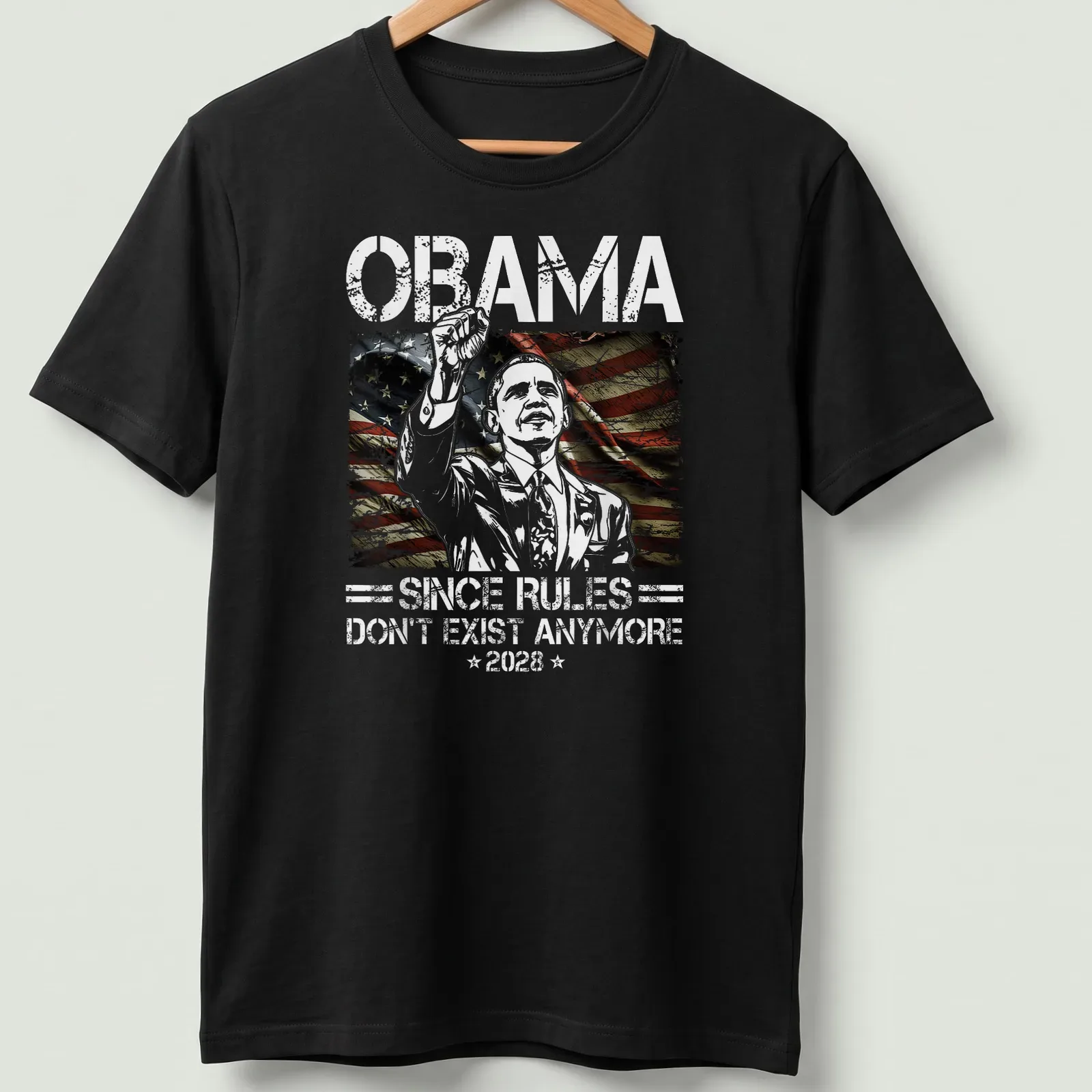 Vintage distressed shirt with humorous political text and a person raising a hand — printed on a unisex t-shirt