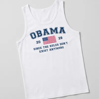 Distressed vintage t-shirt featuring Obama 2028 text and American flag design — printed on a tank top