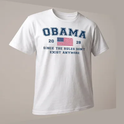 Distressed vintage t-shirt featuring Obama 2028 text and American flag design — printed on a unisex t-shirt (angled view)