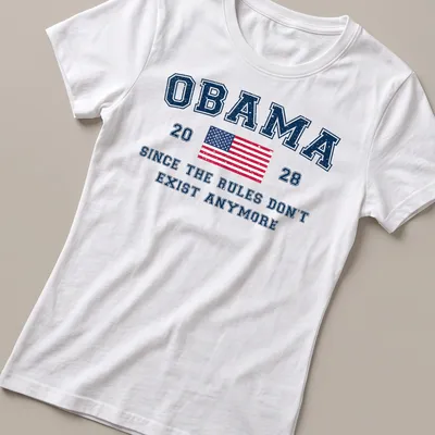 Distressed vintage t-shirt featuring Obama 2028 text and American flag design — printed on a women's shirt