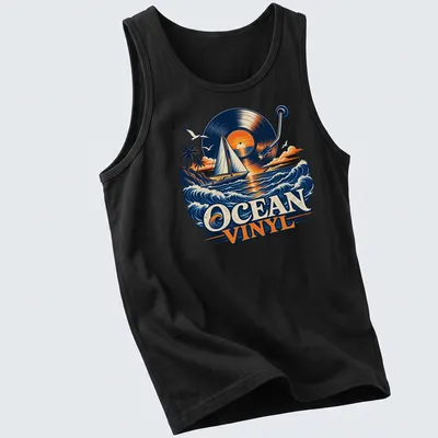 Vintage illustration of a sailboat with vinyl record and sunset colors. — printed on a tank top