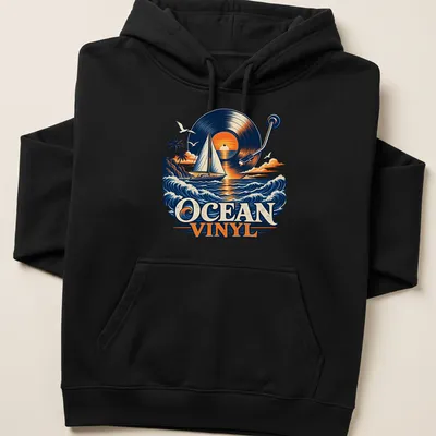 Vintage illustration of a sailboat with vinyl record and sunset colors. — printed on a unisex hoodie