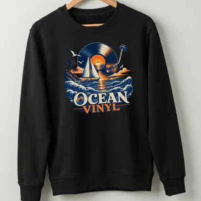 Vintage illustration of a sailboat with vinyl record and sunset colors. — printed on a unisex sweatshirt