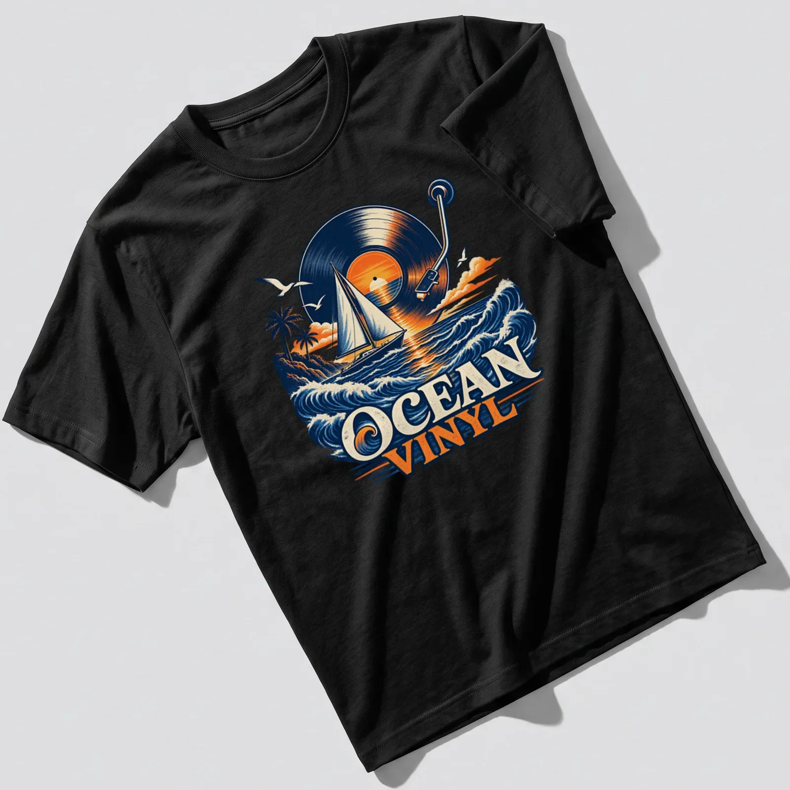 Vintage illustration of a sailboat with vinyl record and sunset colors. — printed on a unisex t-shirt