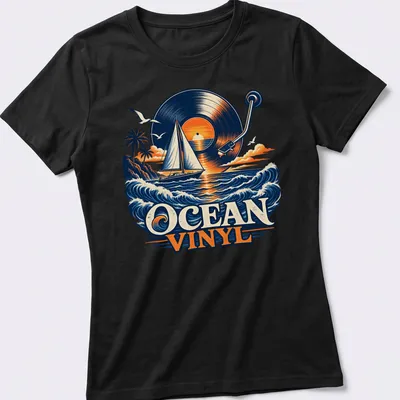 Vintage illustration of a sailboat with vinyl record and sunset colors. — printed on a women's shirt