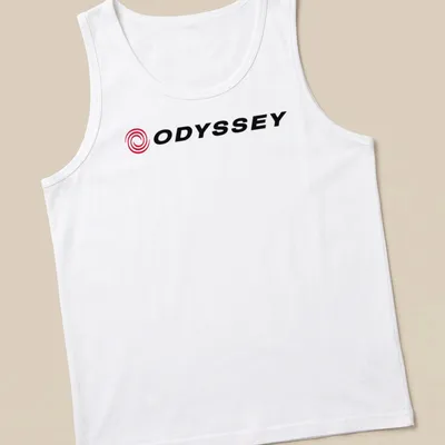 Vector swirl logo with the text ODYSSEY in red and black — printed on a tank top