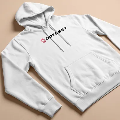 Vector swirl logo with the text ODYSSEY in red and black — printed on a unisex hoodie
