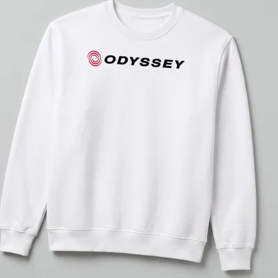 Vector swirl logo with the text ODYSSEY in red and black — printed on a unisex sweatshirt