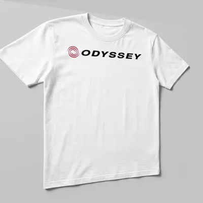 Vector swirl logo with the text ODYSSEY in red and black — printed on a unisex t-shirt (angled view)