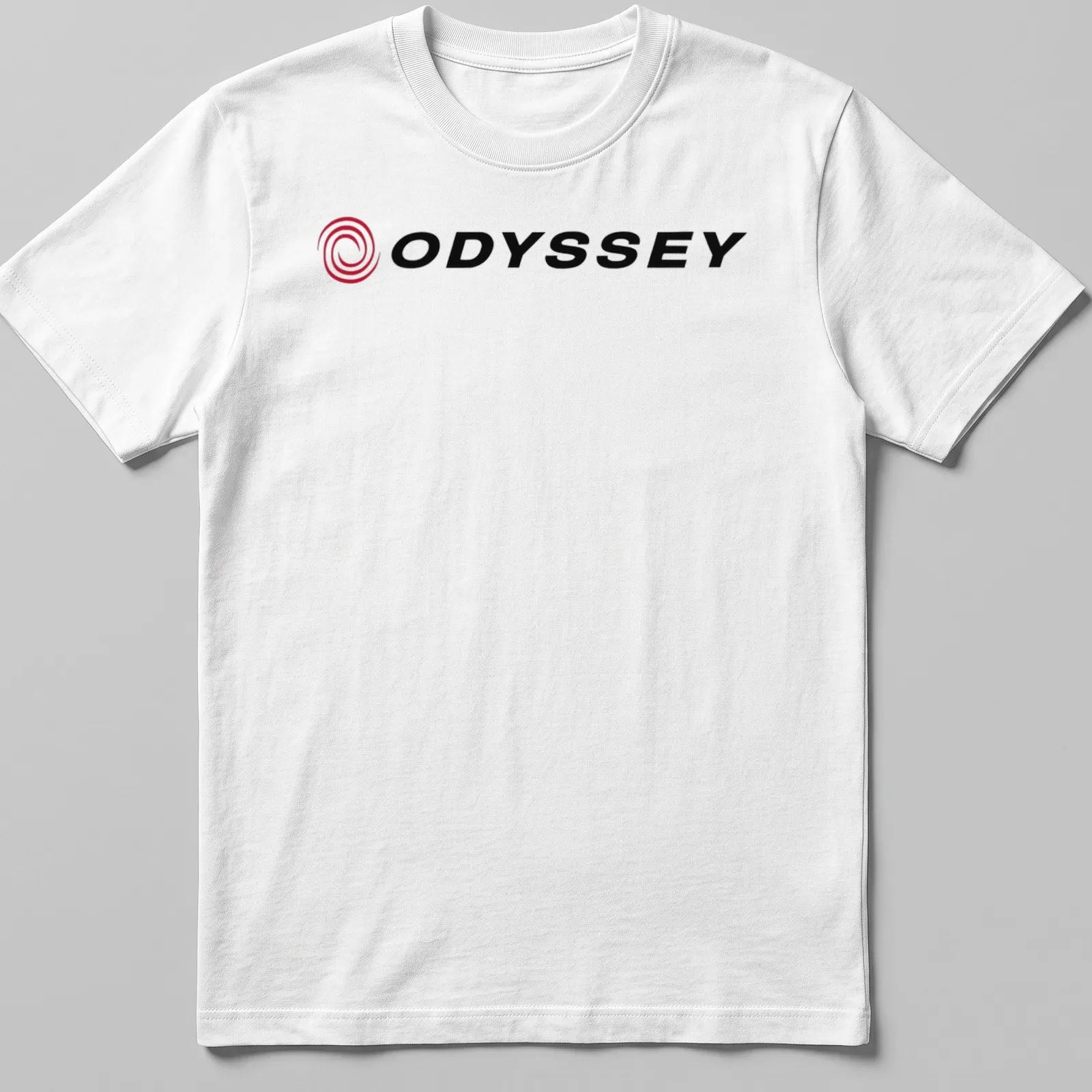 Vector swirl logo with the text ODYSSEY in red and black — printed on a unisex t-shirt