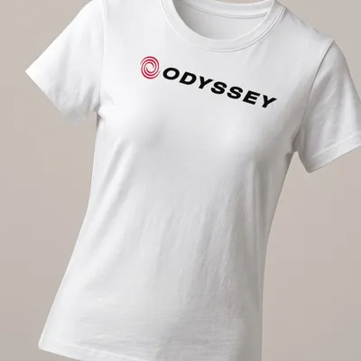 Vector swirl logo with the text ODYSSEY in red and black — printed on a women's shirt