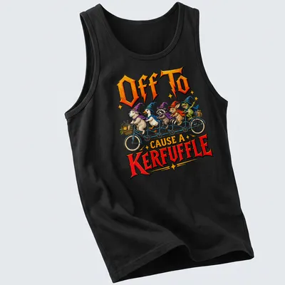 Whimsical illustration of wizard animals on a bicycle with colorful text — printed on a tank top