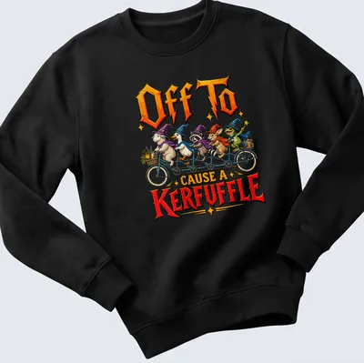 Whimsical illustration of wizard animals on a bicycle with colorful text — printed on a unisex sweatshirt