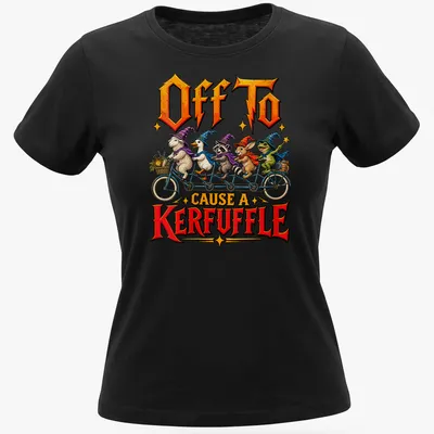 Whimsical illustration of wizard animals on a bicycle with colorful text — printed on a women's shirt