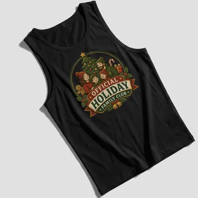 Vintage illustration of a family with a Christmas tree and festive colors — printed on a tank top