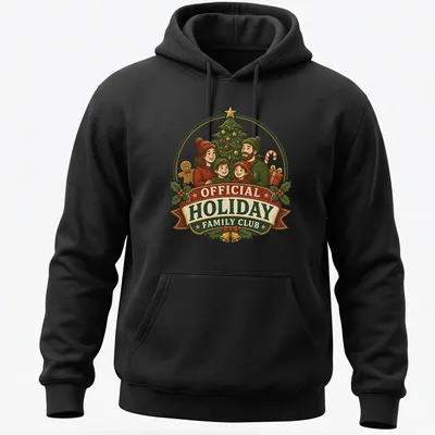Vintage illustration of a family with a Christmas tree and festive colors — printed on a unisex hoodie