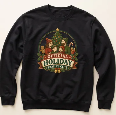 Vintage illustration of a family with a Christmas tree and festive colors — printed on a unisex sweatshirt