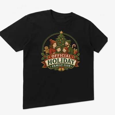 Vintage illustration of a family with a Christmas tree and festive colors — printed on a unisex t-shirt (angled view)