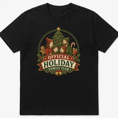 Vintage illustration of a family with a Christmas tree and festive colors
