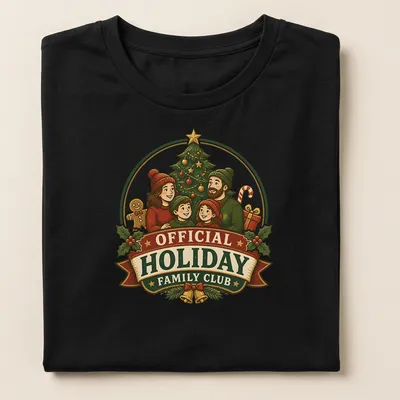 Vintage illustration of a family with a Christmas tree and festive colors — printed on a women's shirt