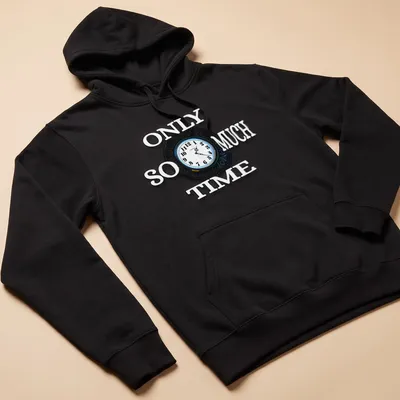 Modern clock graphic with the phrase 'Only So Much Time' in black, white, and blue — printed on a unisex hoodie