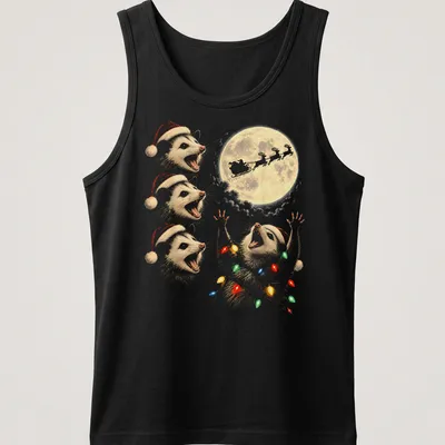 Whimsical illustration of an opossum with Christmas lights and a moon — printed on a tank top
