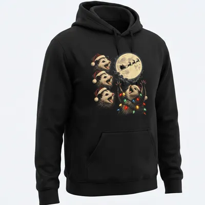 Whimsical illustration of an opossum with Christmas lights and a moon — printed on a unisex hoodie