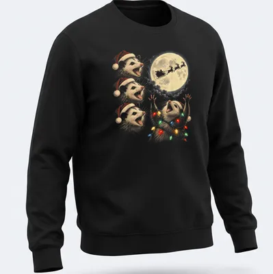 Whimsical illustration of an opossum with Christmas lights and a moon — printed on a unisex sweatshirt