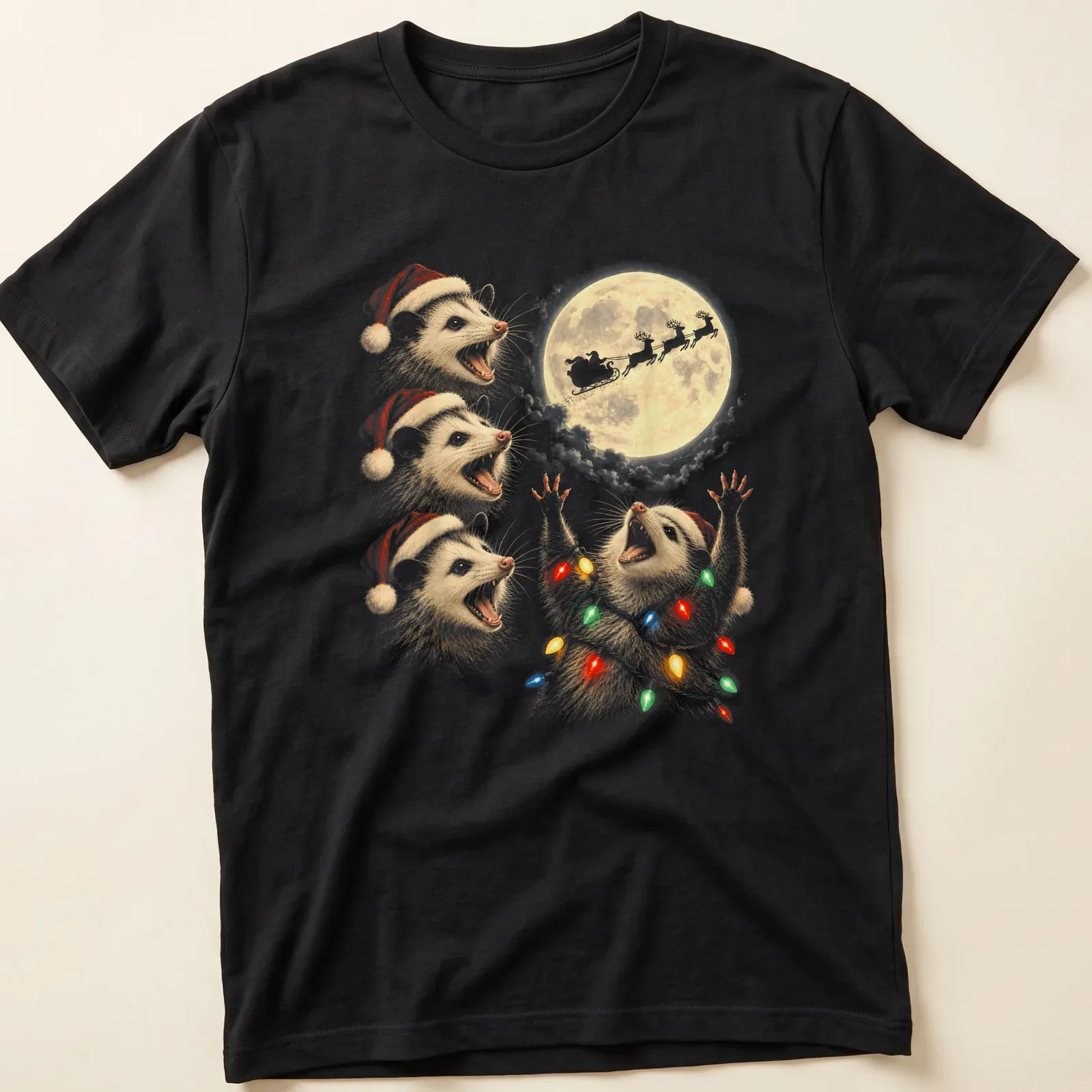 Whimsical illustration of an opossum with Christmas lights and a moon — printed on a unisex t-shirt