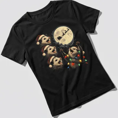 Whimsical illustration of an opossum with Christmas lights and a moon — printed on a women's shirt