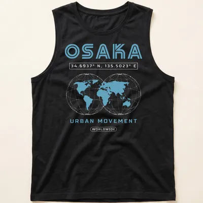 Modern minimalist t-shirt with Osaka coordinates and urban movement text — printed on a tank top