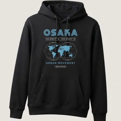 Modern minimalist t-shirt with Osaka coordinates and urban movement text — printed on a unisex hoodie