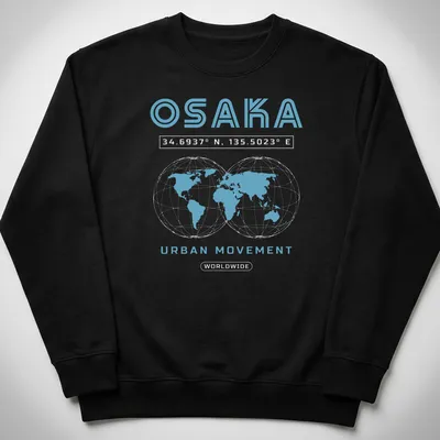 Modern minimalist t-shirt with Osaka coordinates and urban movement text — printed on a unisex sweatshirt