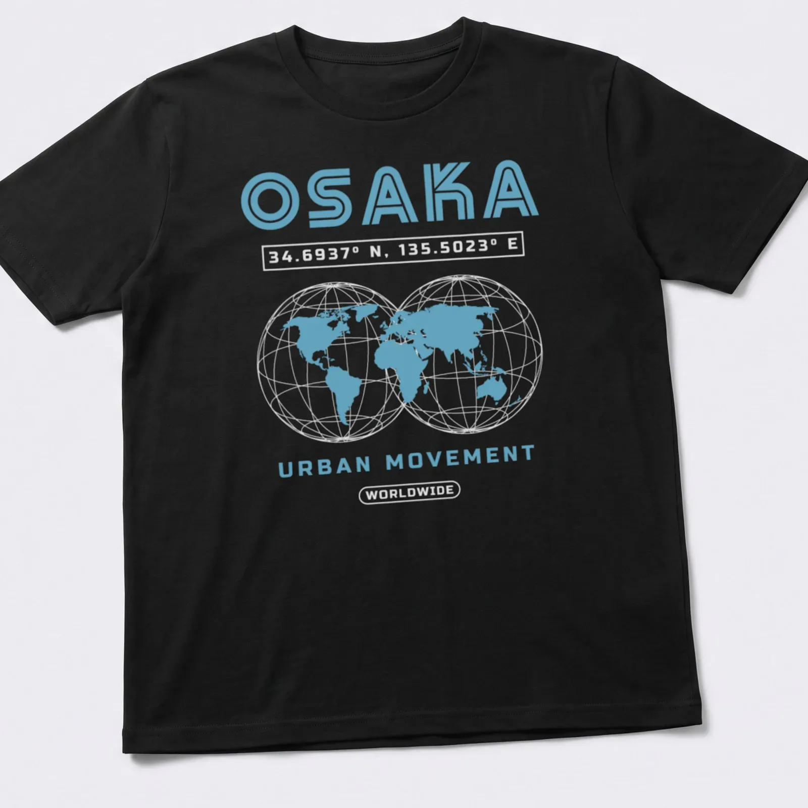 Modern minimalist t-shirt with Osaka coordinates and urban movement text — printed on a unisex t-shirt