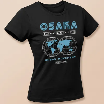Modern minimalist t-shirt with Osaka coordinates and urban movement text — printed on a women's shirt