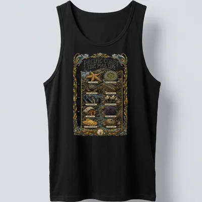 Vintage illustration of Pacific Coast marine life with detailed species names — printed on a tank top