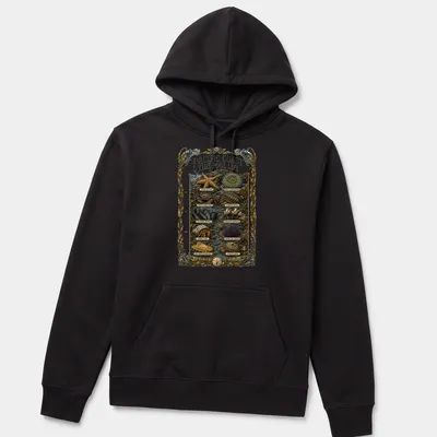 Vintage illustration of Pacific Coast marine life with detailed species names — printed on a unisex hoodie