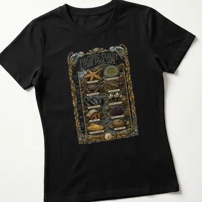 Vintage illustration of Pacific Coast marine life with detailed species names — printed on a women's shirt