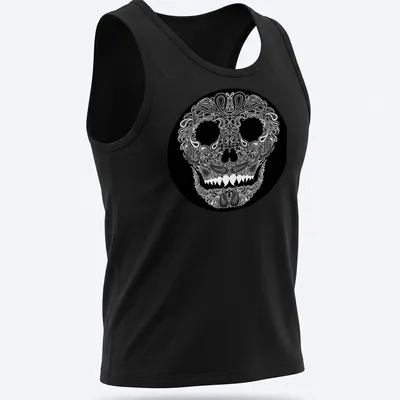 Skull design with paisley pattern in white on a black background — printed on a tank top