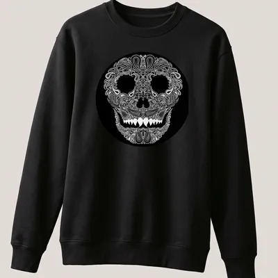 Skull design with paisley pattern in white on a black background — printed on a unisex sweatshirt