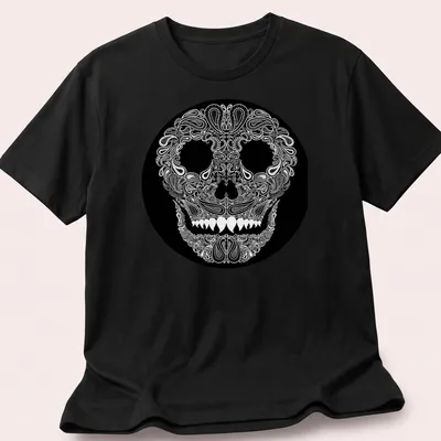 Skull design with paisley pattern in white on a black background