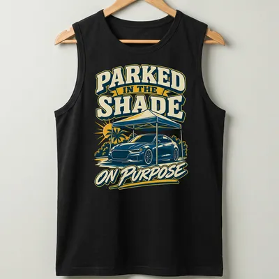 Vintage bold print of a car under a tent with humorous text. — printed on a tank top